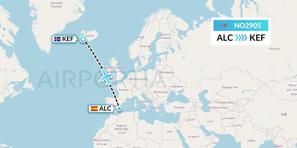 NO2905 Neos Flight Map: Alicante to Reykjavik