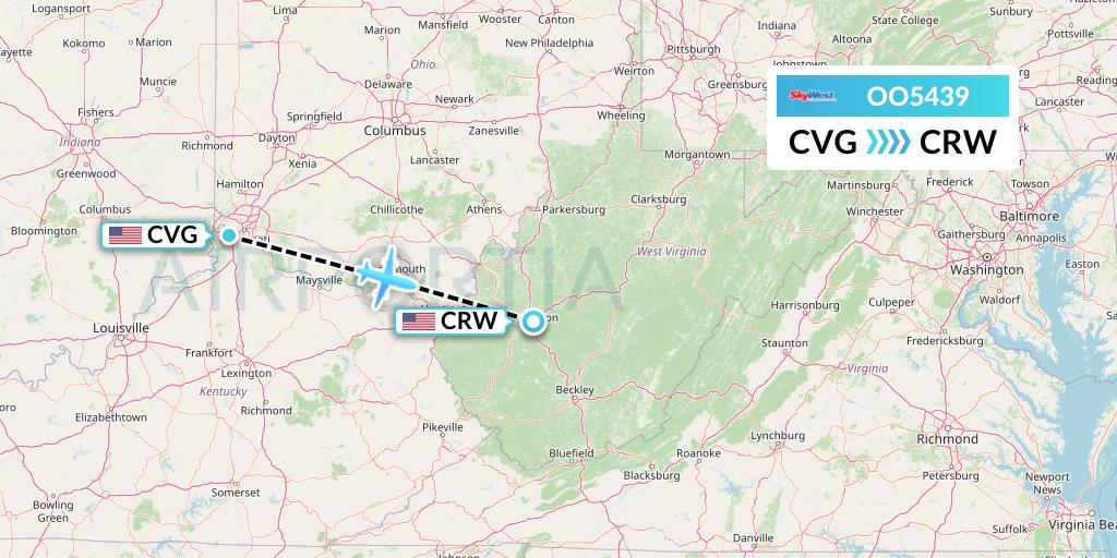 OO5439 SkyWest Airlines Flight Map: Cincinnati to Charleston
