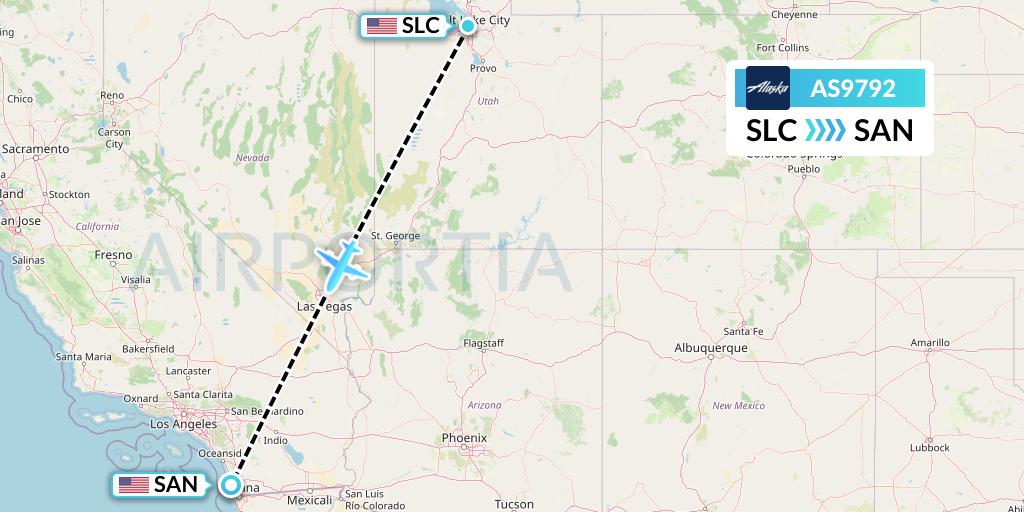 AS9792 Alaska Airlines Flight Map: Salt Lake City to San Diego