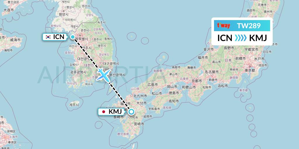 TW289 T'way Air Flight Map: Seoul to Kumamoto