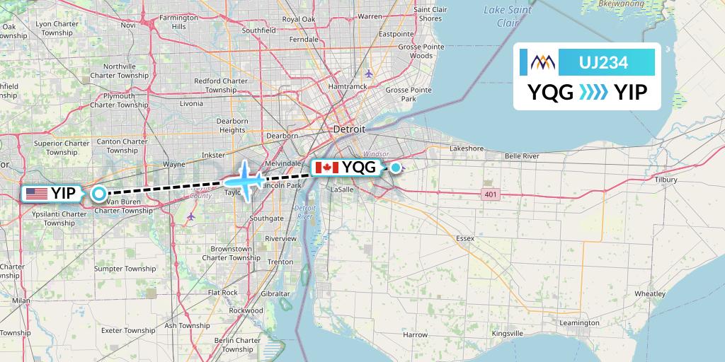 UJ234 AlMasria Universal Airlines Flight Map: Windsor to Detroit