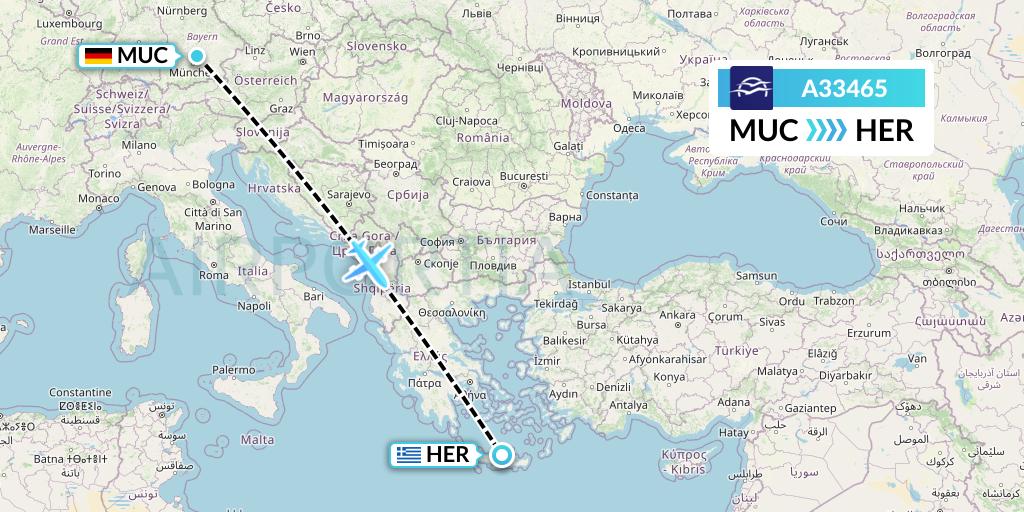 A33465 Aegean Airlines Flight Map: Munich to Heraklion