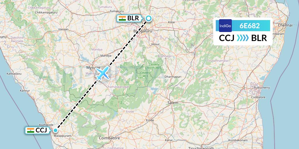 6E682 IndiGo Airlines Flight Map: Kozhikode to Bangalore