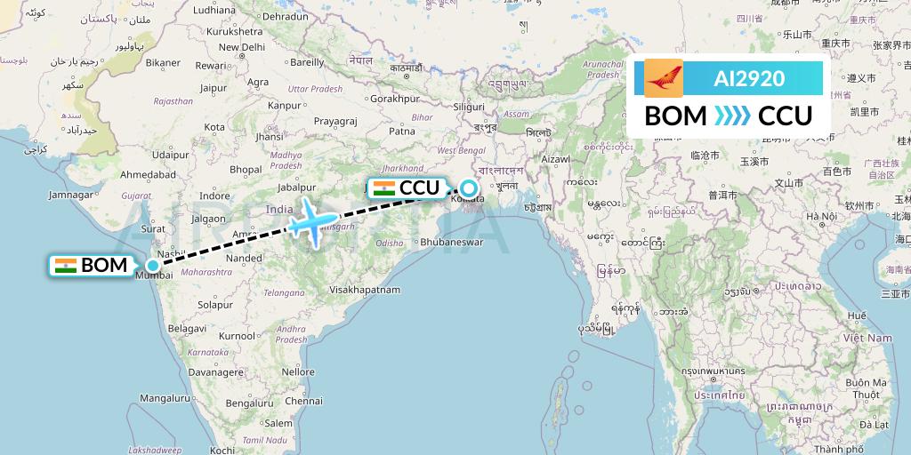 AI2920 Air India Flight Map: Mumbai to Kolkata
