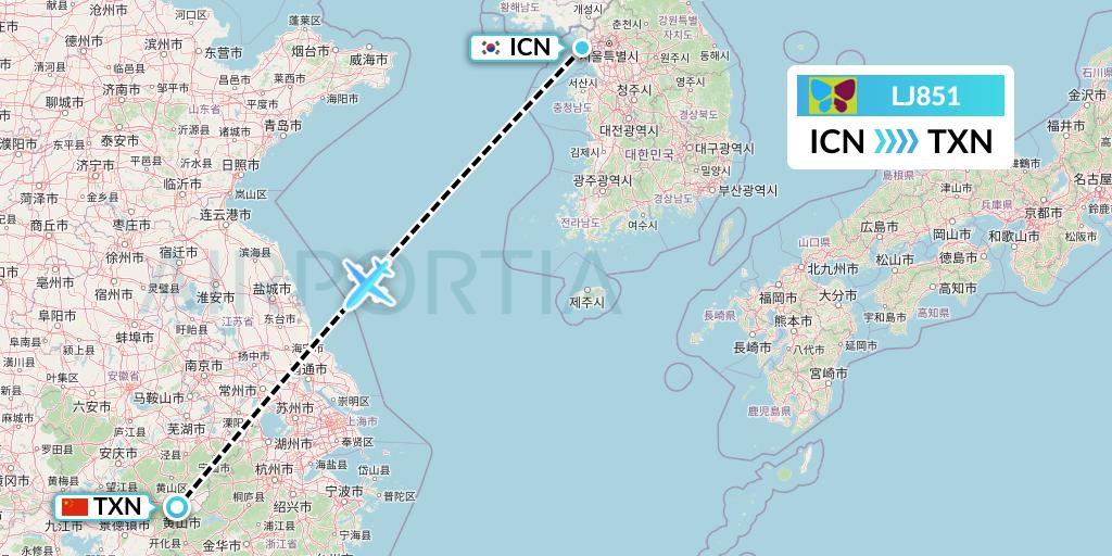 LJ851 Jin Air Flight Map: Seoul to Huangshan City