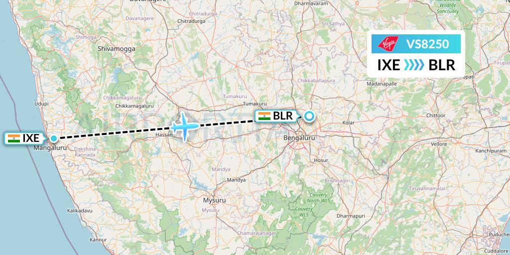 VS8250 Virgin Atlantic Airways Flight Map: Mangalore to Bangalore