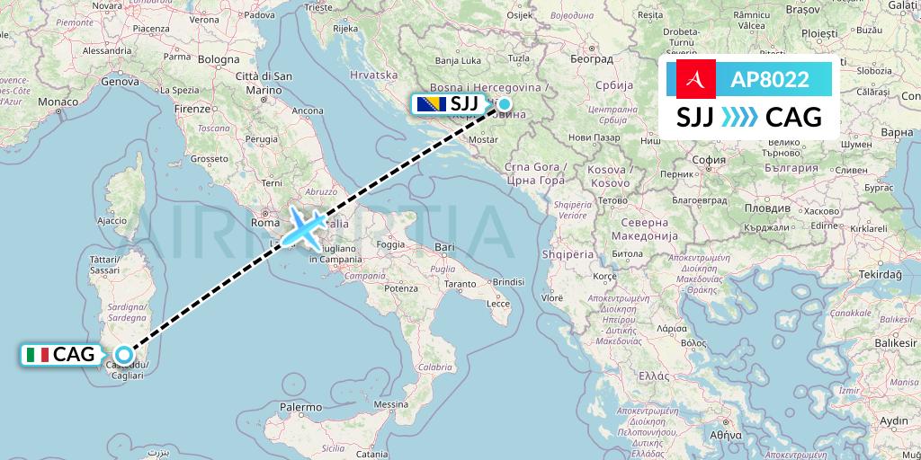AP8022 AlbaStar Flight Map: Sarajevo to Cagliari
