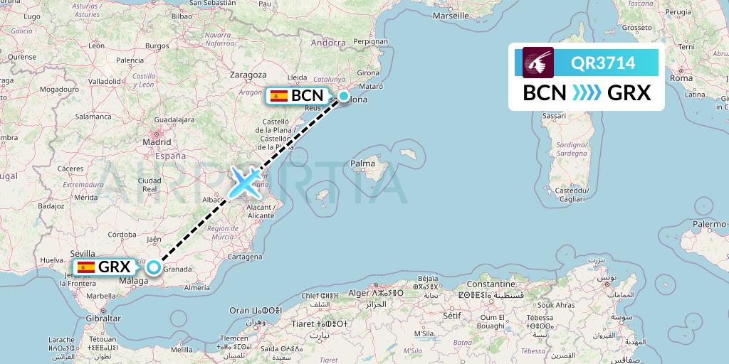 QR3714 Qatar Airways Flight Map: Barcelona to Granada