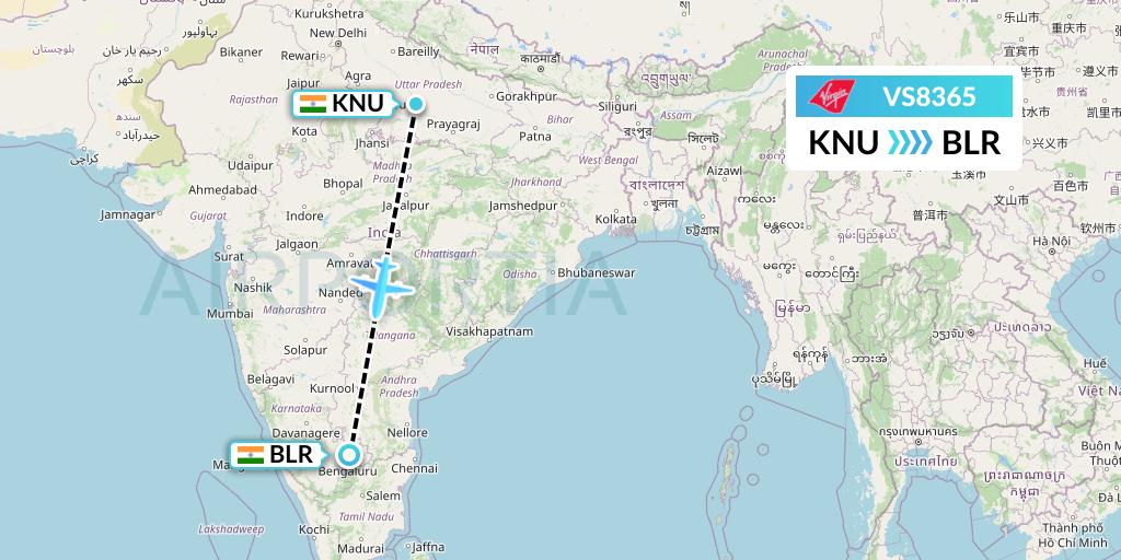VS8365 Virgin Atlantic Airways Flight Map: India to Bangalore