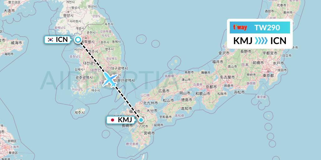TW290 T'way Air Flight Map: Kumamoto to Seoul