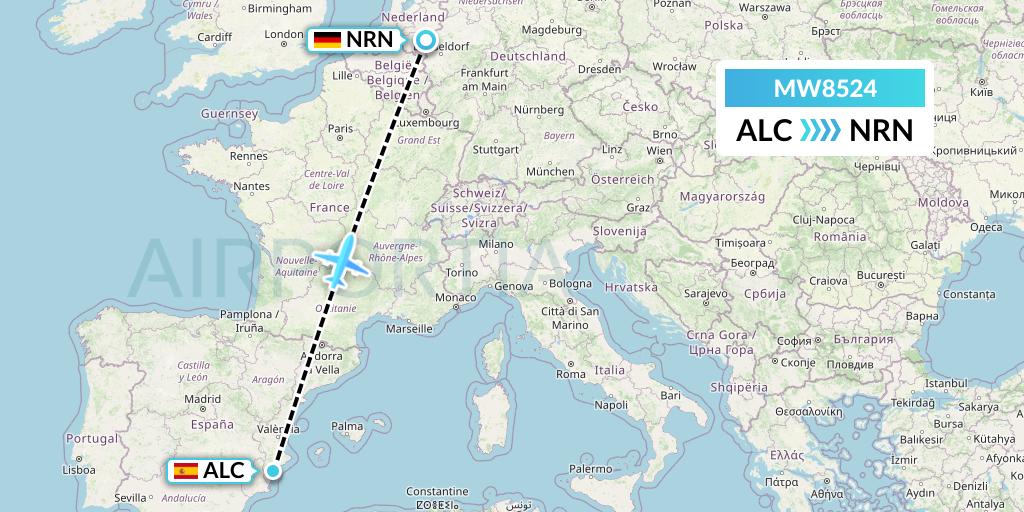 MW8524 Mokulele Flight Service Flight Map: Alicante to Weeze