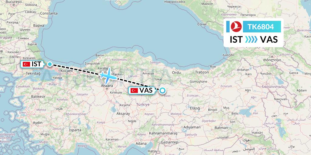 TK6804 Turkish Airlines Flight Map: Istanbul to Sivas