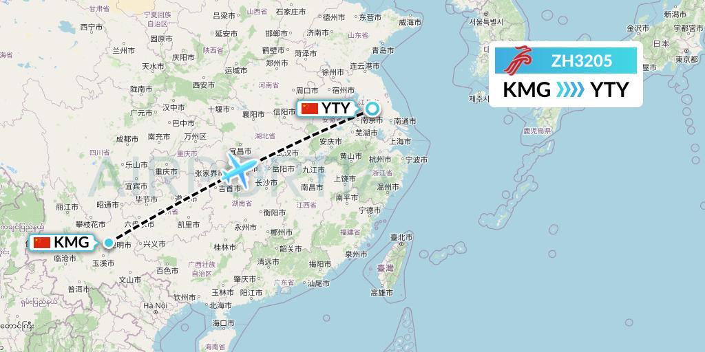 ZH3205 Shenzhen Airlines Flight Map: Kunming to Yangzhou