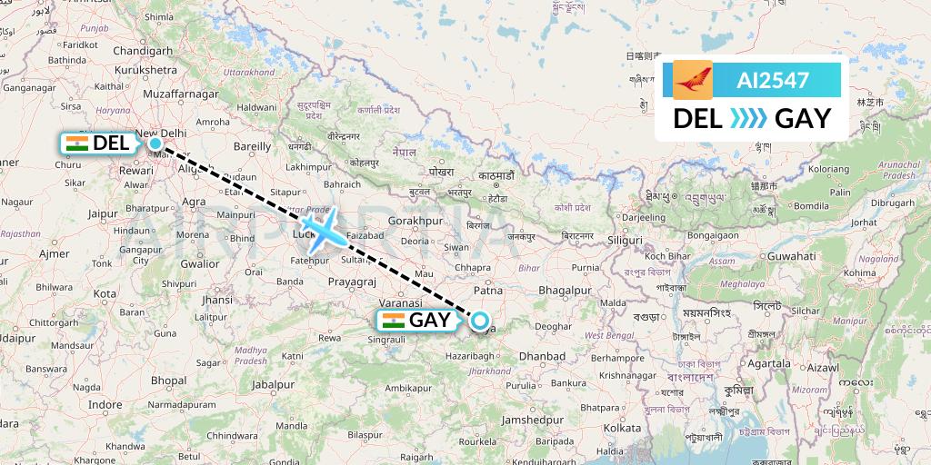 AI2547 Air India Flight Map: Delhi to Gaya
