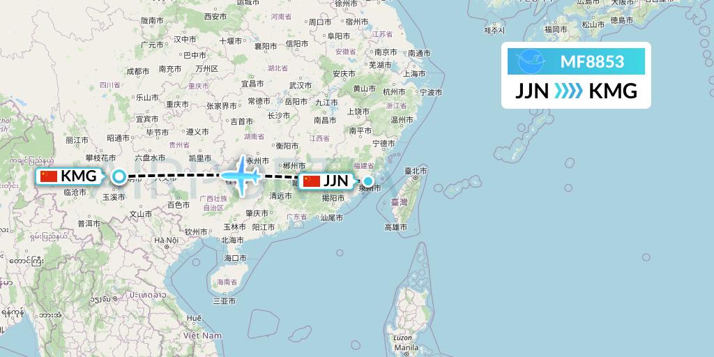 MF8853 Xiamen Airlines Flight Map: Jinjiang to Kunming