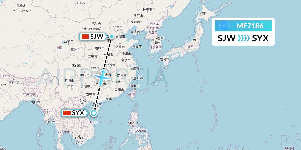 MF7186 Xiamen Airlines Flight Map: Shijiazhuang to Sanya