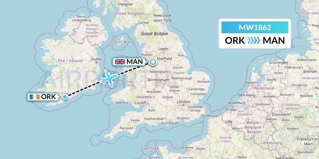 MW1862 Mokulele Flight Service Flight Map: Cork to Manchester