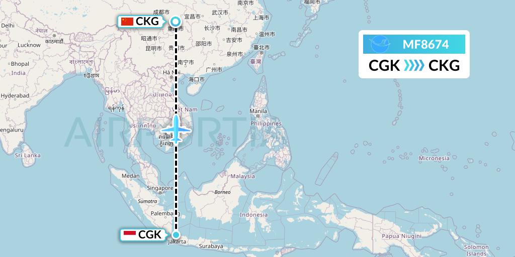 MF8674 Xiamen Airlines Flight Map: Jakarta to Chongqing