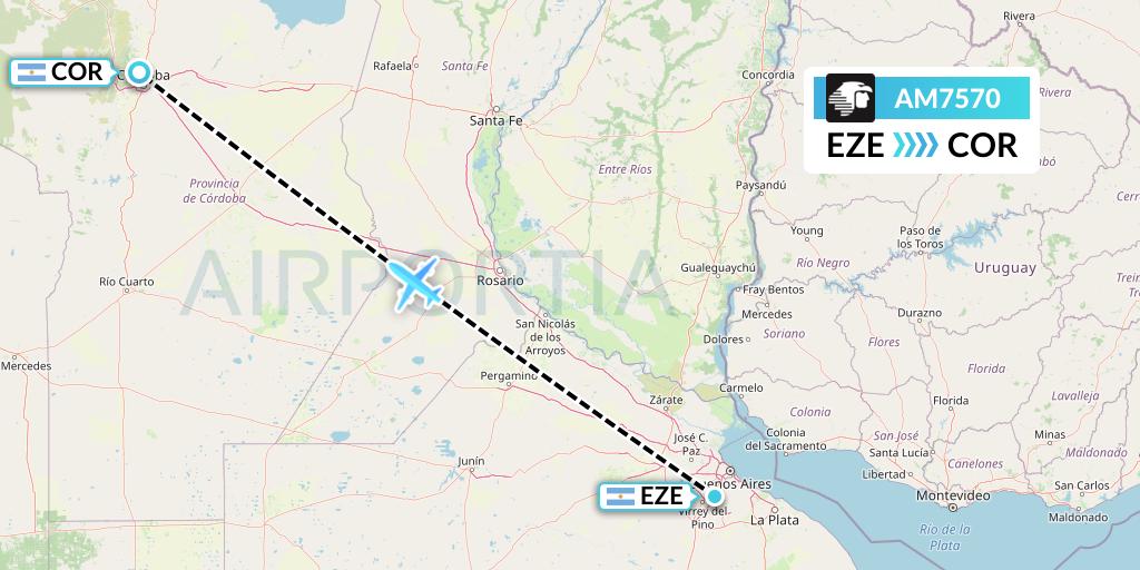 AM7570 Aeromexico Flight Map: Buenos Aires to Cordoba