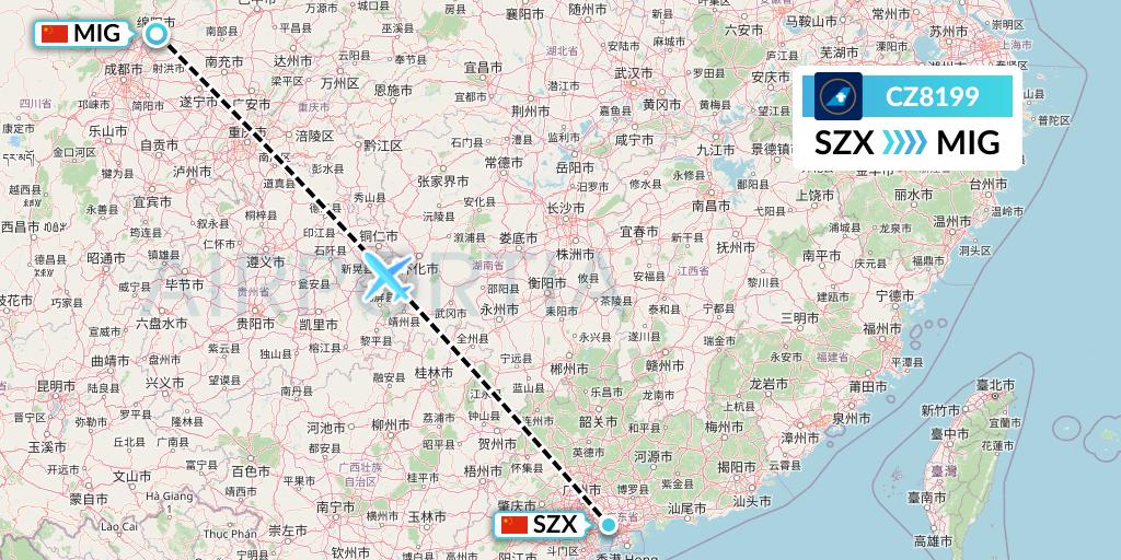 CZ8199 China Southern Airlines Flight Map: Shenzhen to Mianyang