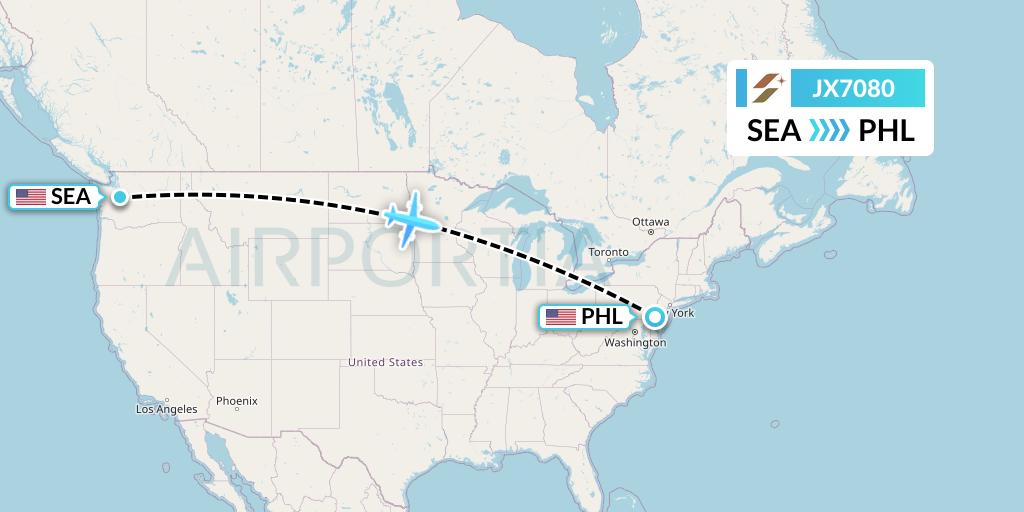 JX7080 Starlux Airlines Flight Map: Seattle to Philadelphia
