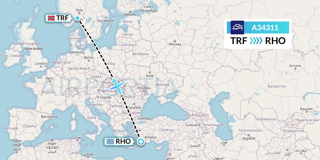 A34311 Aegean Airlines Flight Map: Oslo to Rhodes