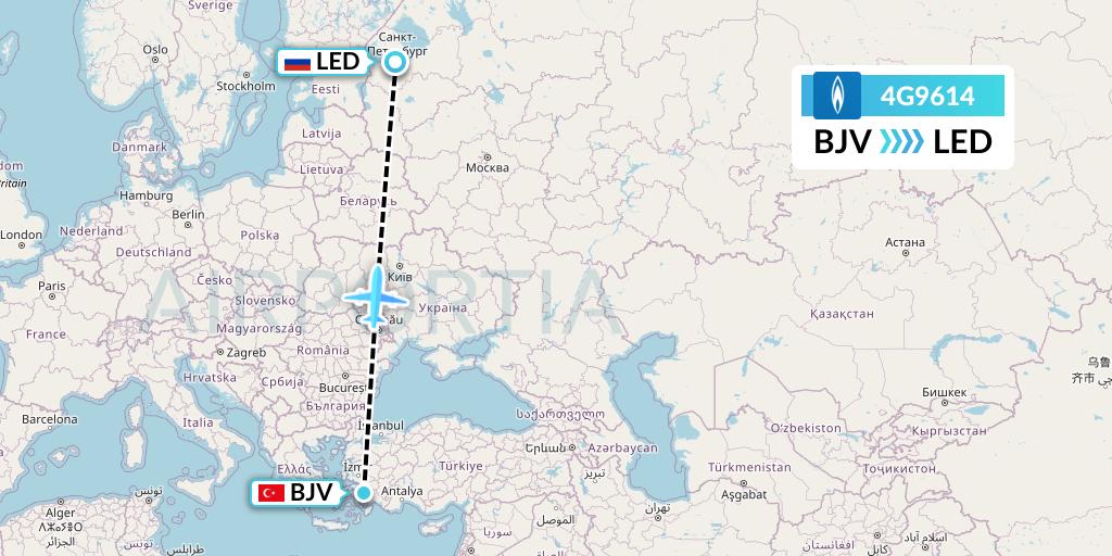 4G9614 Gazpromavia Flight Map: Bodrum to St. Petersburg