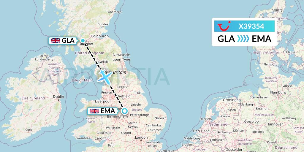 X39354 TUI fly Germany Flight Map: Glasgow to East Midlands