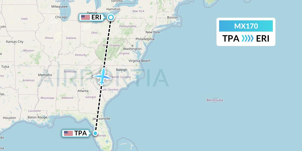 MX170 Breeze Airways Flight Map: Tampa to Erie