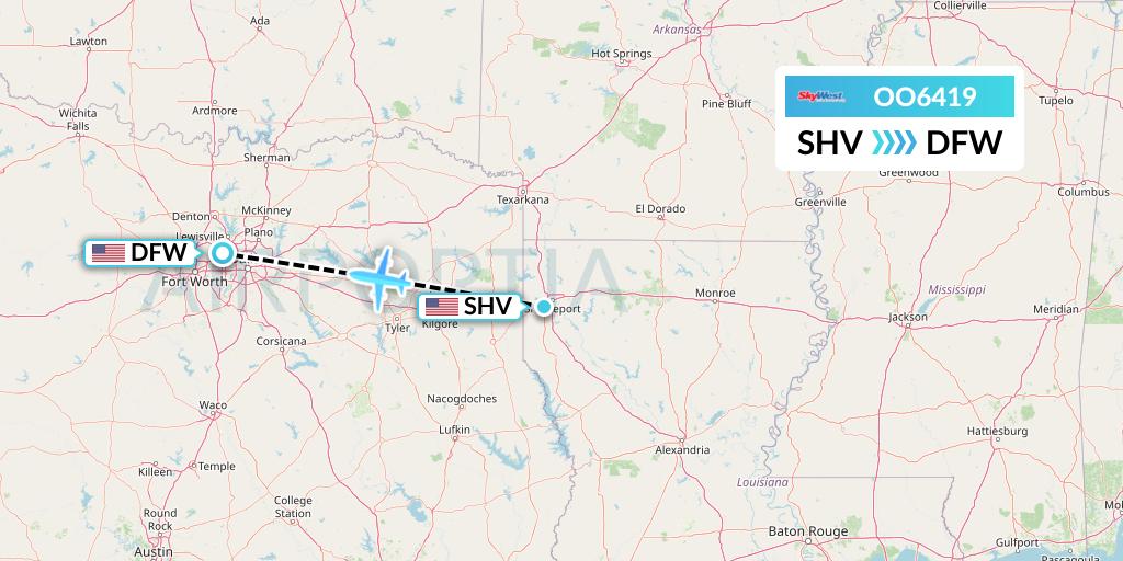 OO6419 SkyWest Airlines Flight Map: Shreveport to Dallas