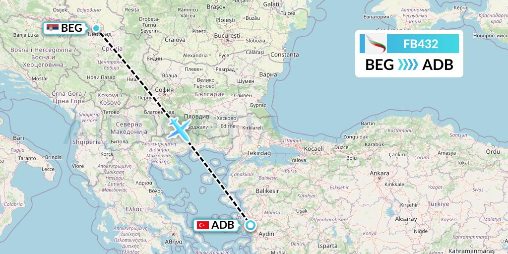 FB432 Bulgaria Air Flight Map: Belgrade to Izmir