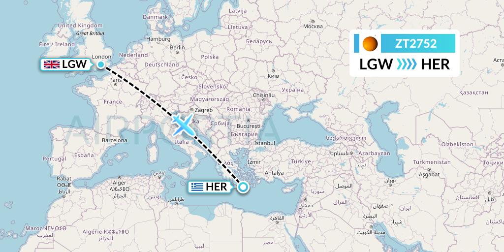 ZT2752 Titan Airways Flight Map: London to Heraklion