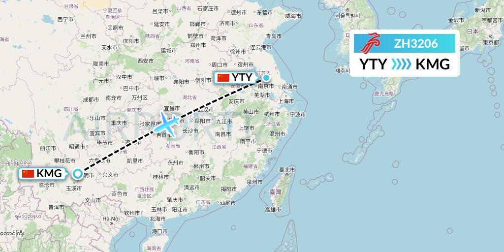ZH3206 Shenzhen Airlines Flight Map: Yangzhou to Kunming