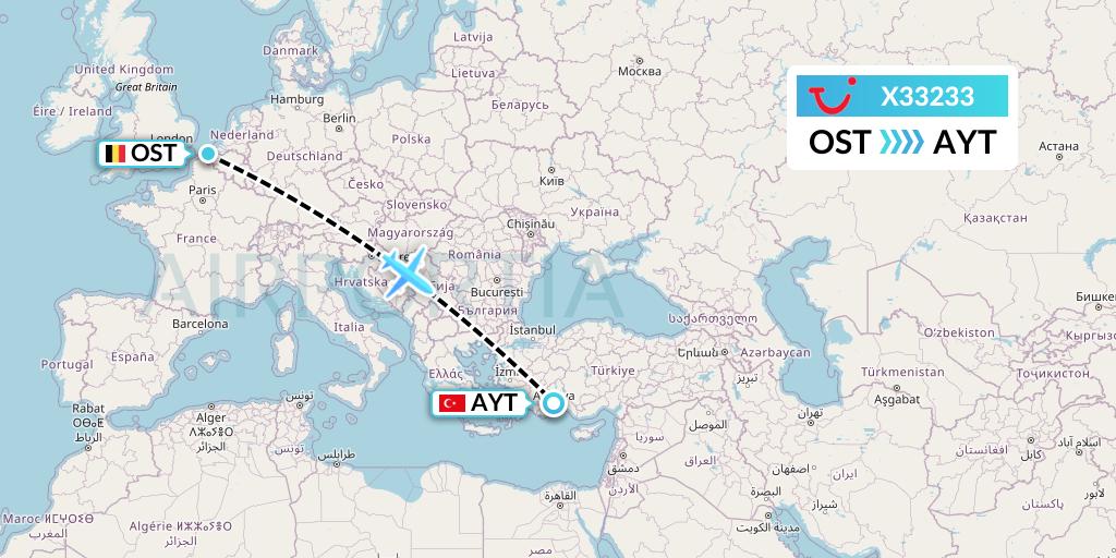 X33233 TUI fly Germany Flight Map: Ostend to Antalya