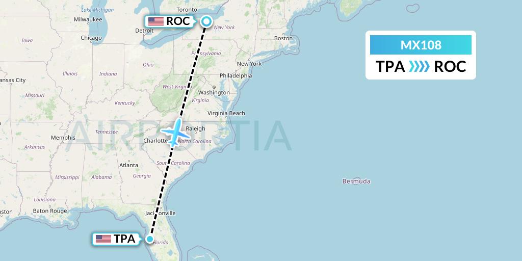 MX108 Breeze Airways Flight Map: Tampa to Rochester