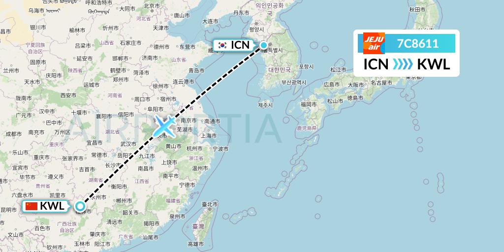 7C8611 Jeju Air Flight Map: Seoul to Guilin