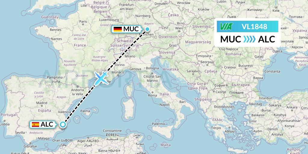 VL1848 Air Via Flight Map: Munich to Alicante