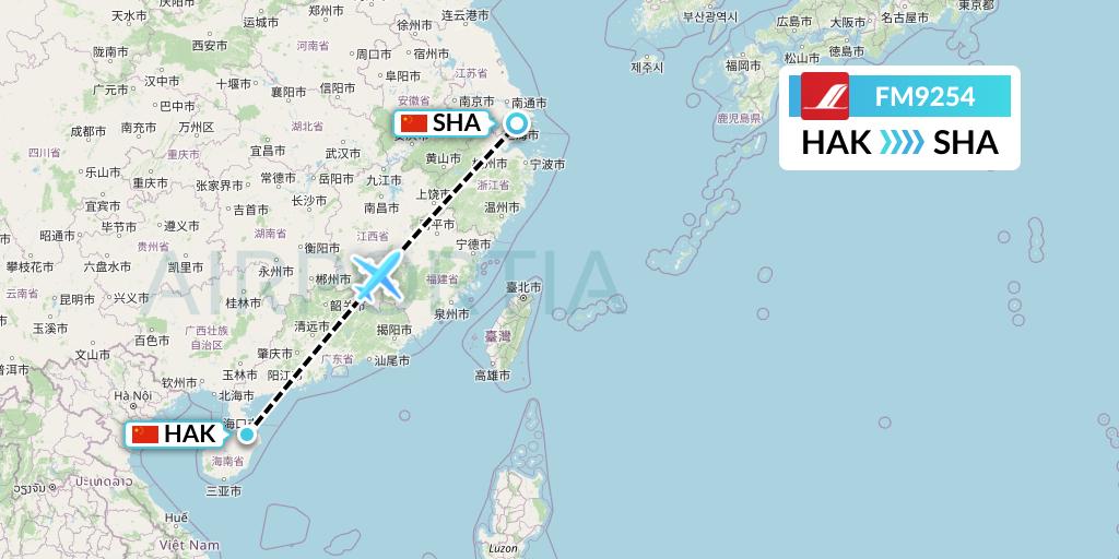 FM9254 Shanghai Airlines Flight Map: Haikou to Shanghai