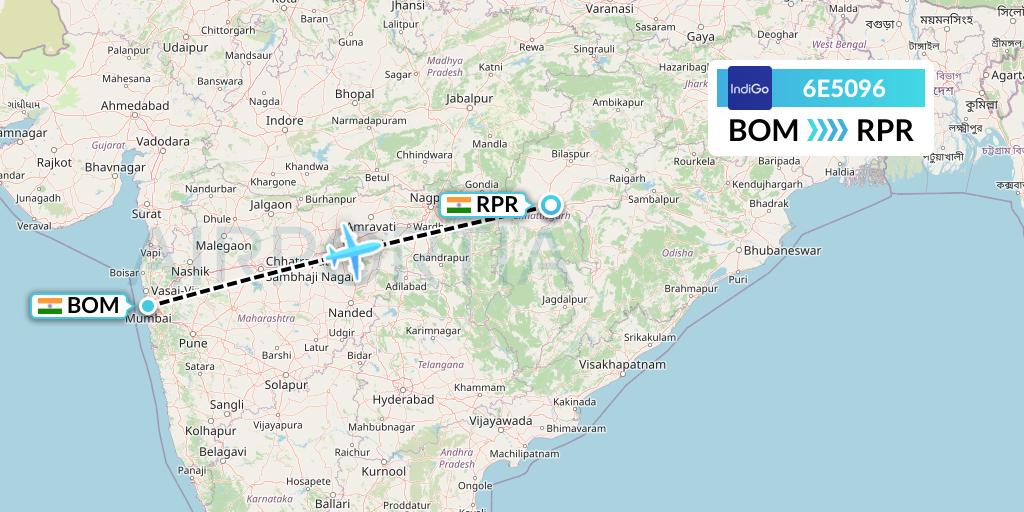 6E5096 IndiGo Airlines Flight Map: Mumbai to Raipur