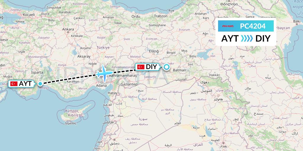 PC4204 Pegasus Airlines Flight Map: Antalya to Diyarbakir