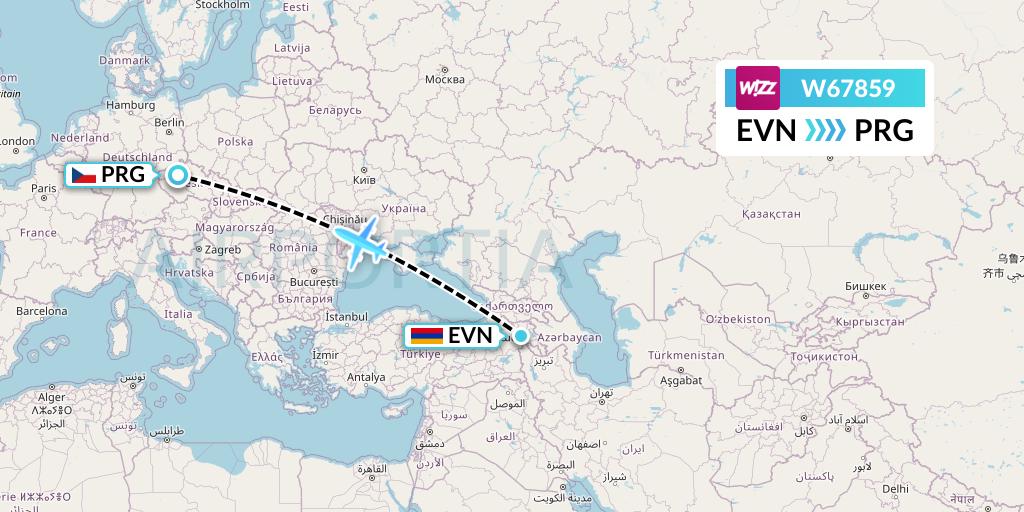 W67859 Wizz Air Flight Map: Yerevan to Prague