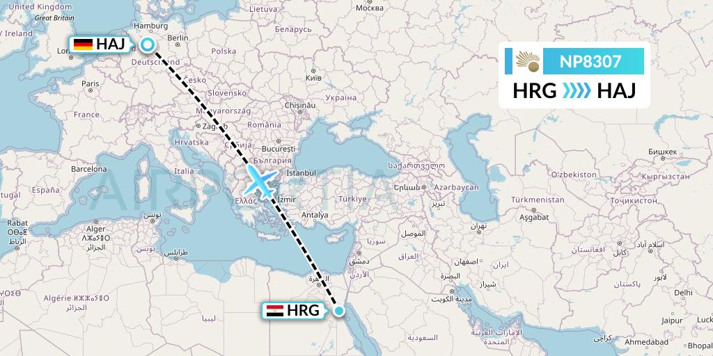 NP8307 Nile Air Flight Map: Hurghada to Hannover