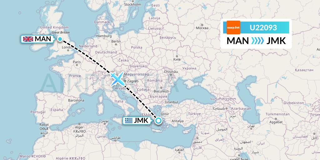 U22093 EasyJet Flight Map: Manchester to Mykonos