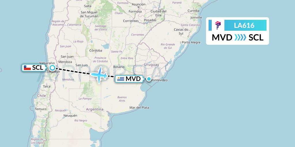 LA616 LAN Airlines Flight Map: Montevideo to Santiago