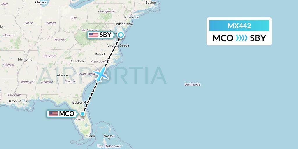 MX442 Breeze Airways Flight Map: Orlando to Salisbury
