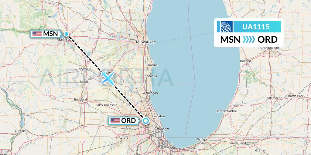 UA1115 United Airlines Flight Map: Madison to Chicago