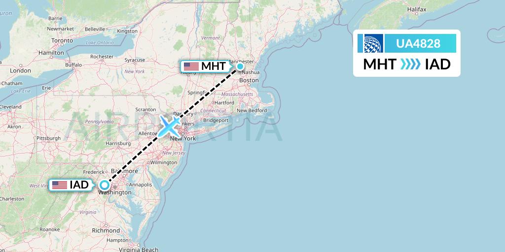 UA4828 United Airlines Flight Map: Manchester to Washington