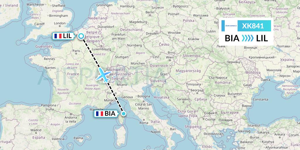 XK841 Air Corsica Flight Map: Bastia to Lille