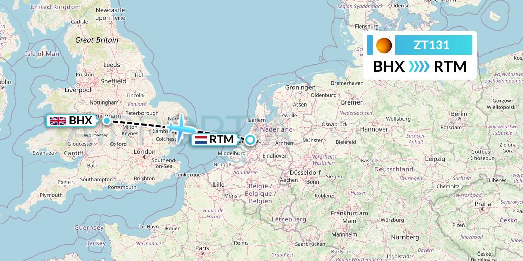 ZT131 Titan Airways Flight Map: Birmingham to Rotterdam