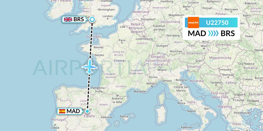 U22750 EasyJet Flight Map: Madrid to Bristol